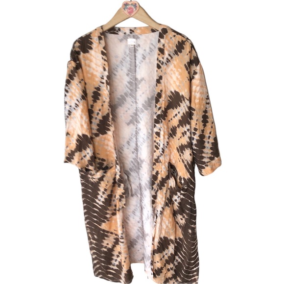 Keep In Touch Boho Tan Black Tie Dye Open Duster Cardigan Long Line Large - Picture 8 of 8